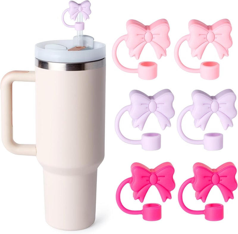 linmaya 6PCS Bow Straw Toppers, Cute Straws Covers for Stanley 30&40 Oz Tumbler with Handle, 10mm Dust-Proof Drinking Straw Dispensers Straw Topper Cap for Girls Kids (Pink Bow) - Image 1
